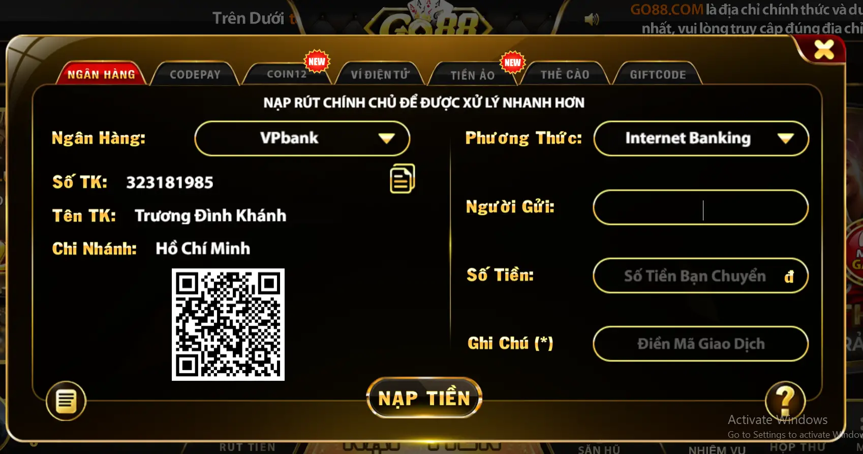 Hướng dẫn nạp tiền Go88