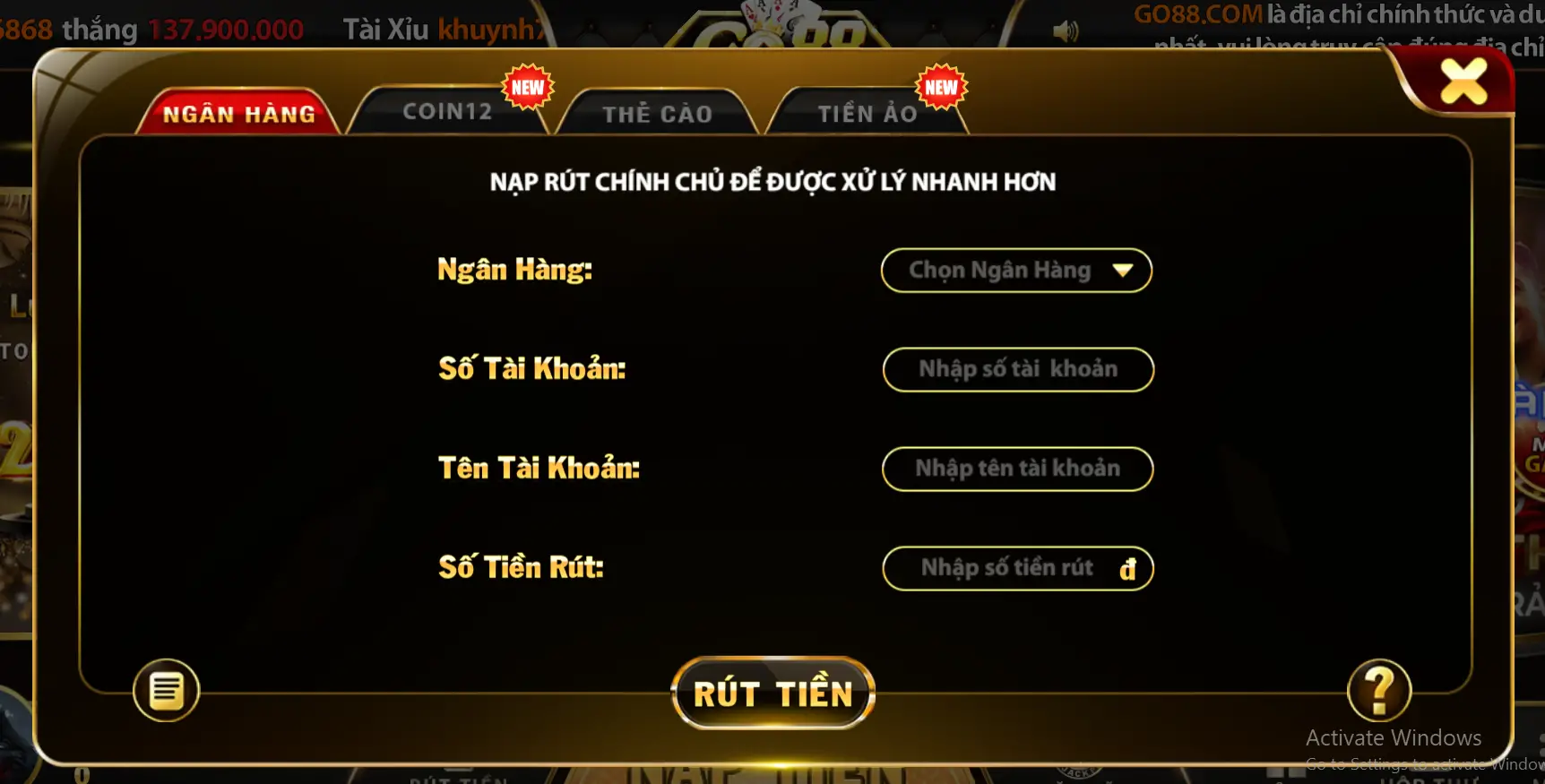 Hướng dẫn rút tiền Go88